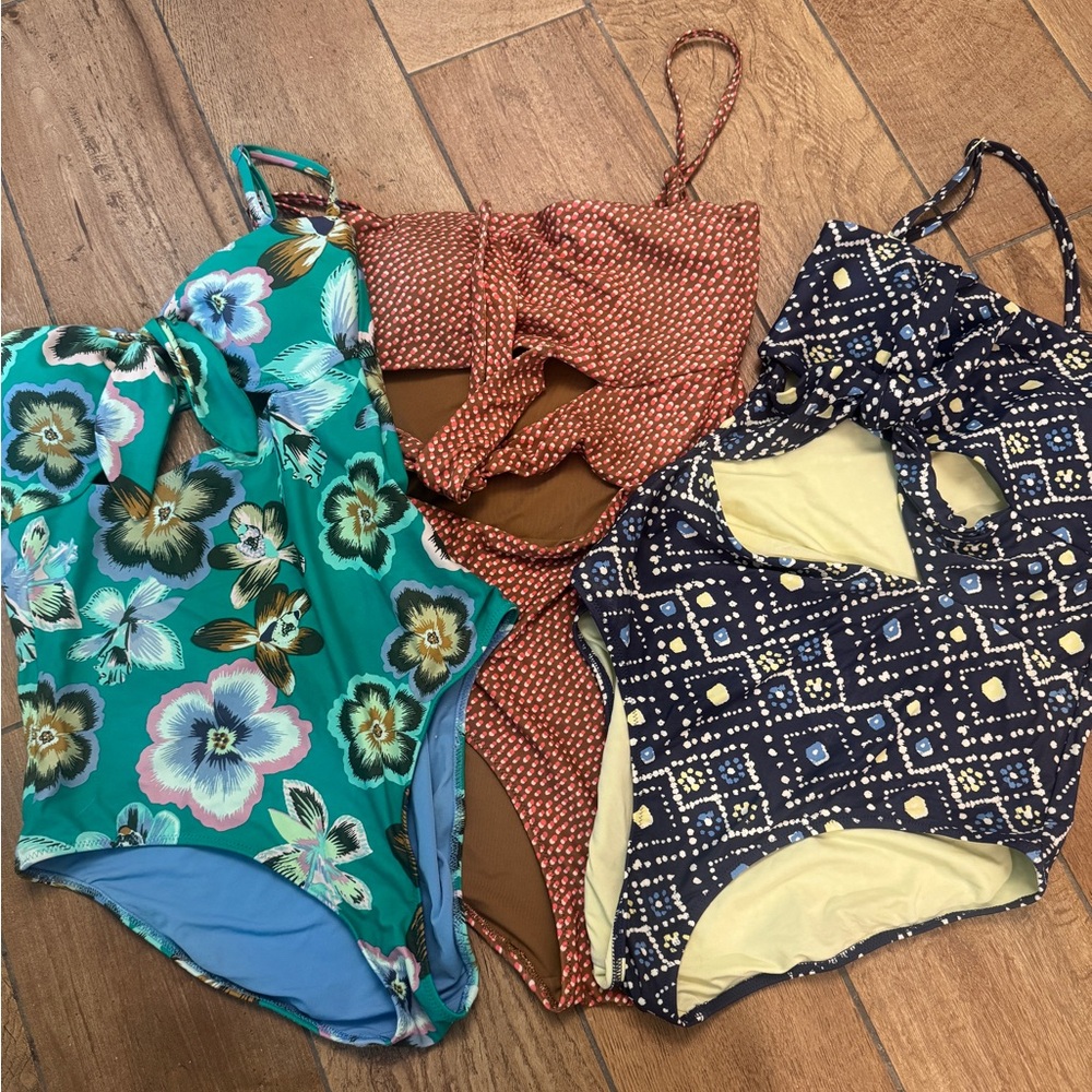 Aerie Women One Piece Swimsuit Trio - Floral Green, Dotted Brown, Geometric Blue